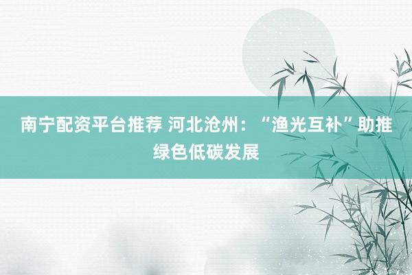 南宁配资平台推荐 河北沧州：“渔光互补”助推绿色低碳发展