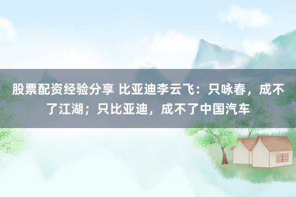 股票配资经验分享 比亚迪李云飞：只咏春，成不了江湖；只比亚迪，成不了中国汽车